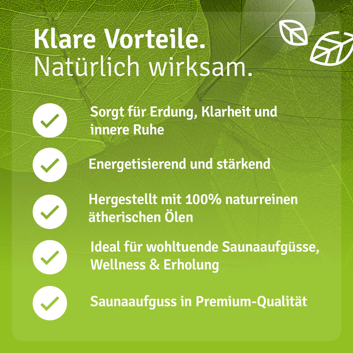 Saunaaufguss Waldluft oil with green leaf design and text highlighting benefits for relaxation and wellness.