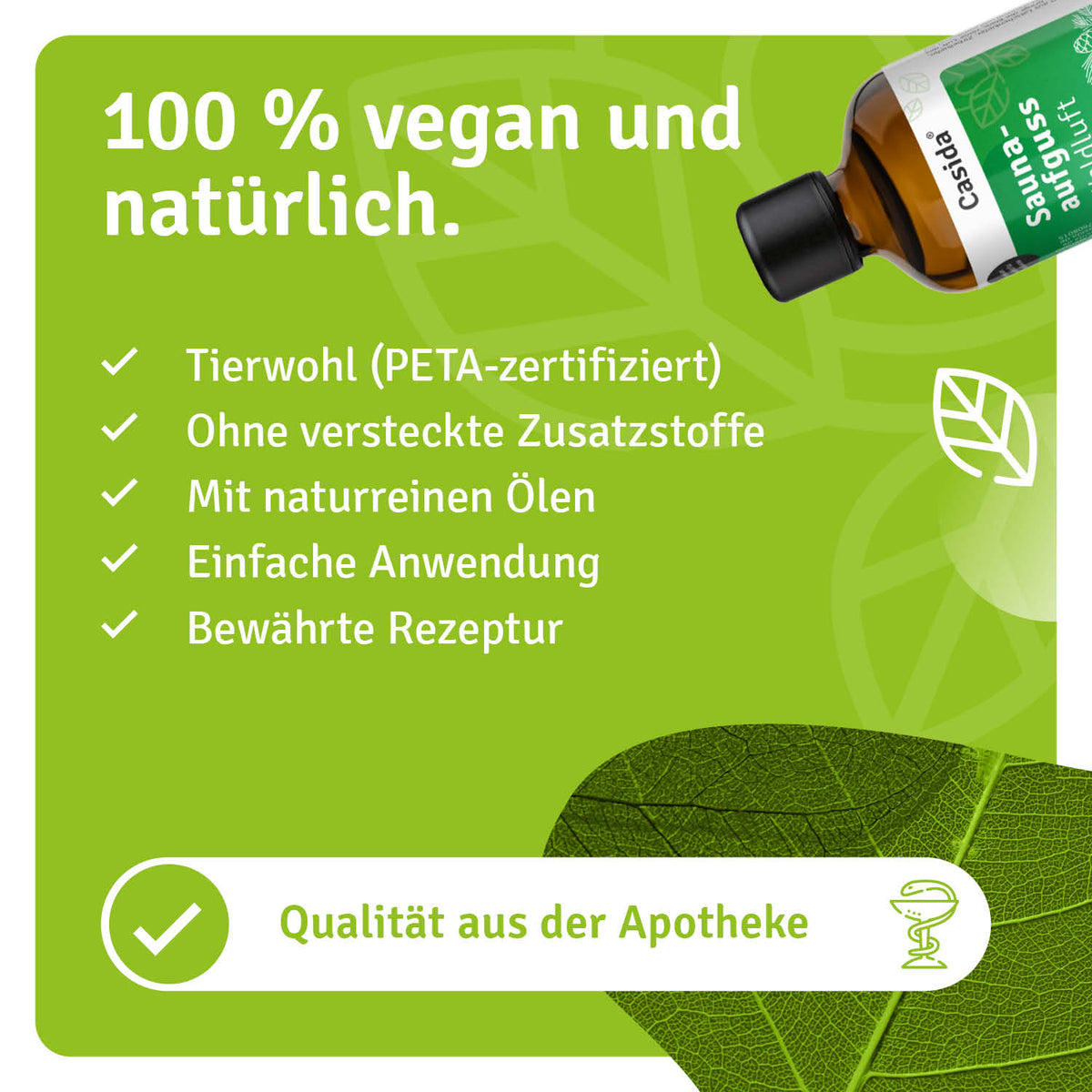 Saunaaufguss Waldluft oil bottle with green label, featuring vegan and natural product information and usage instructions.