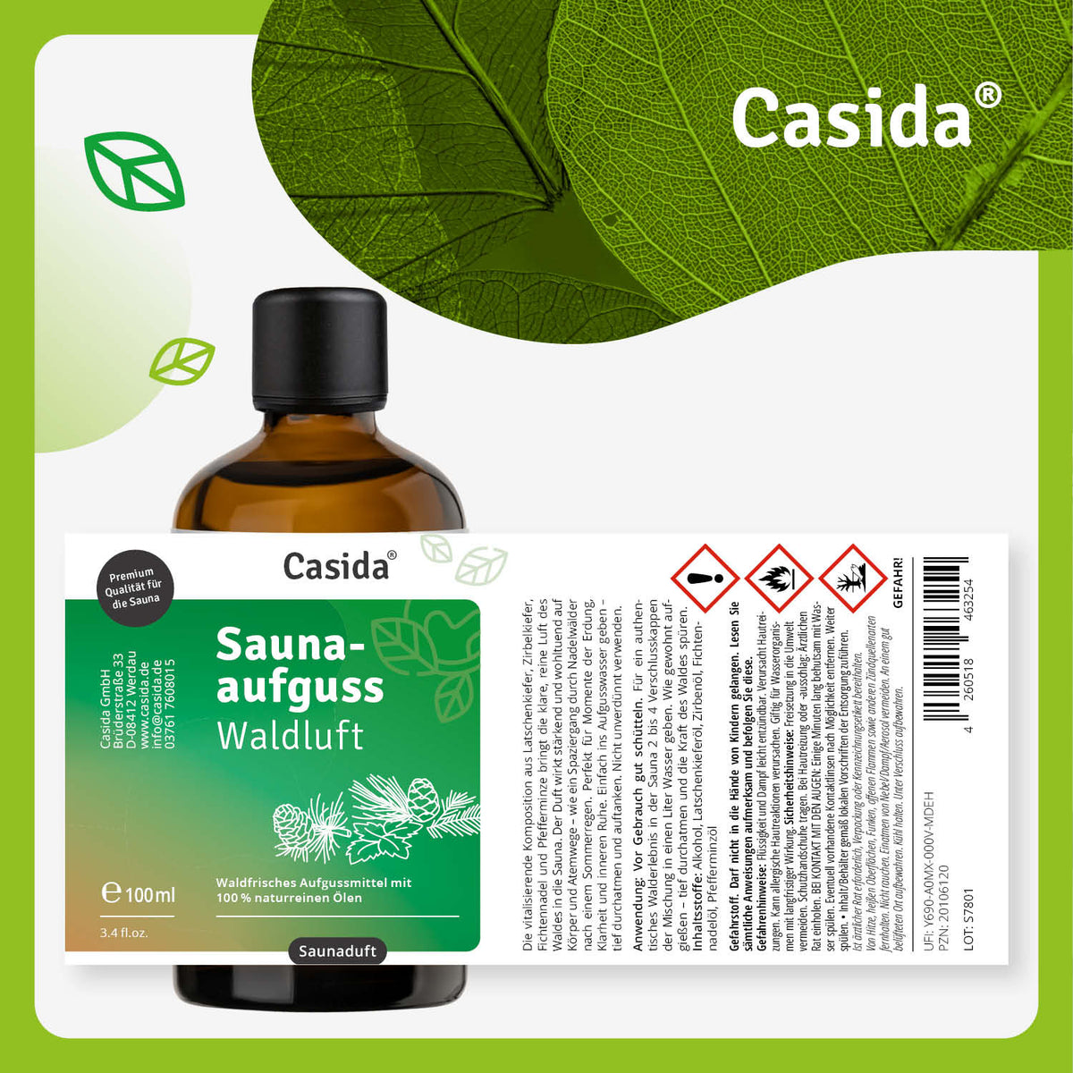 Saunaaufguss Waldluft 100ml amber bottle with green label featuring leaf design on a light green background.