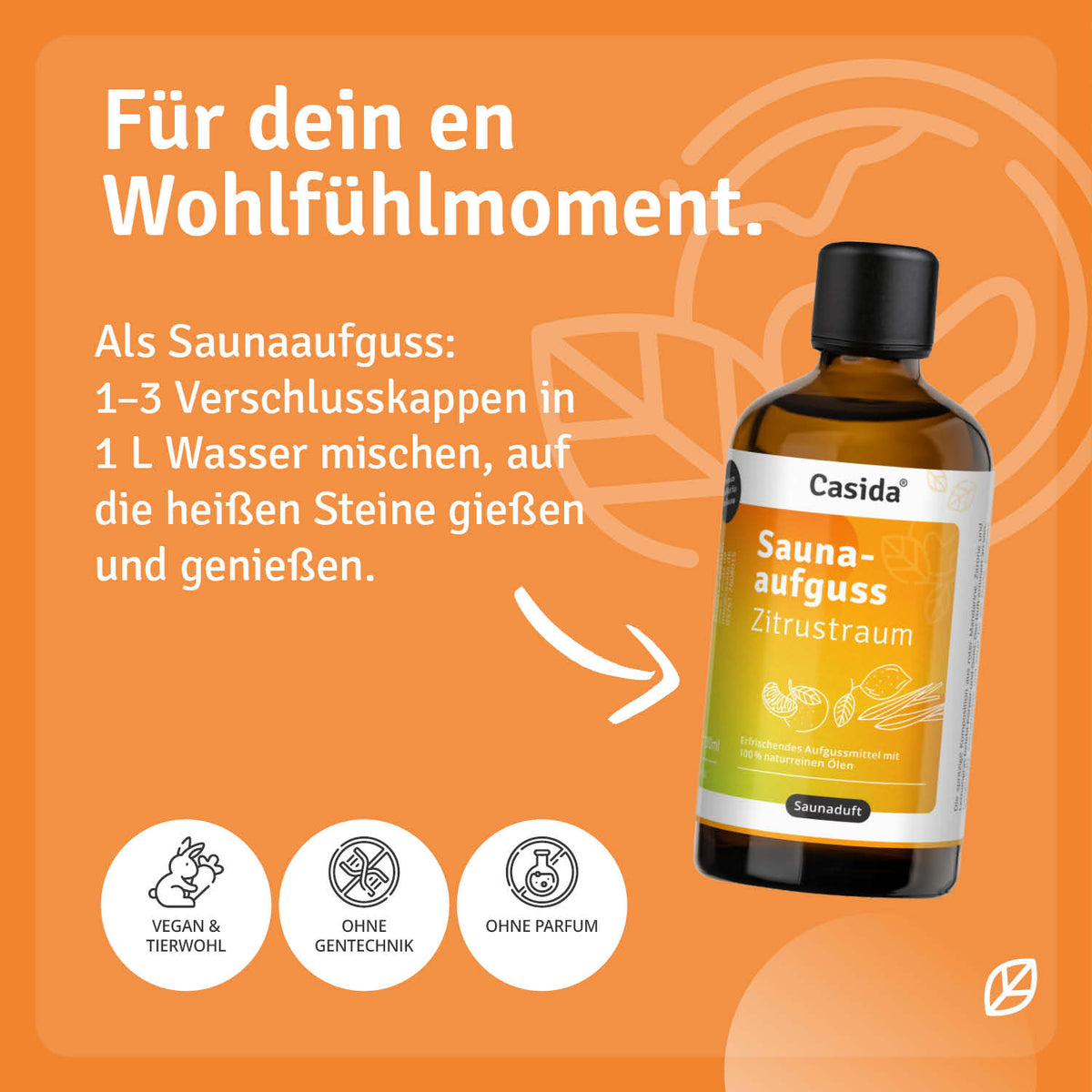 Saunaaufguss Zitrustraum oil bottle with orange label, featuring citrus illustrations and a brown cap on a bright background.