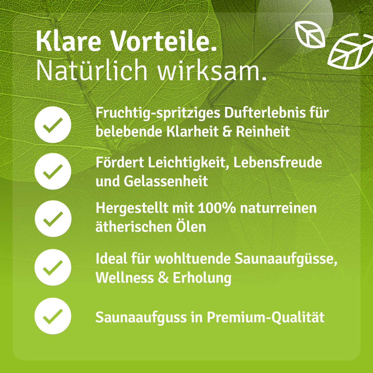 Saunaaufguss Zitrustraum oil with green background, featuring text on benefits and natural ingredients.