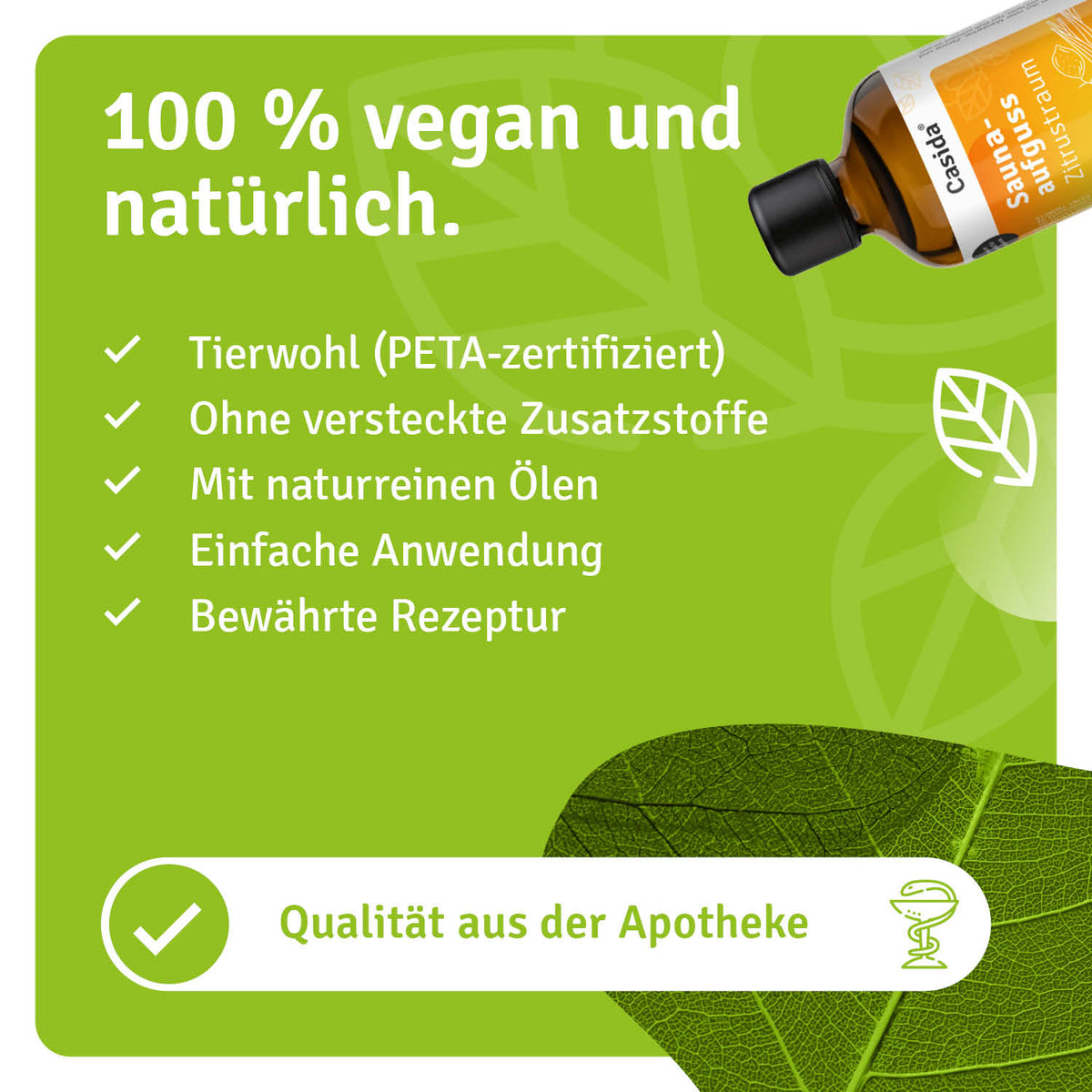 Saunaaufguss Zitrustraum oil bottle with green label, featuring vegan and natural product information and leaf graphics.