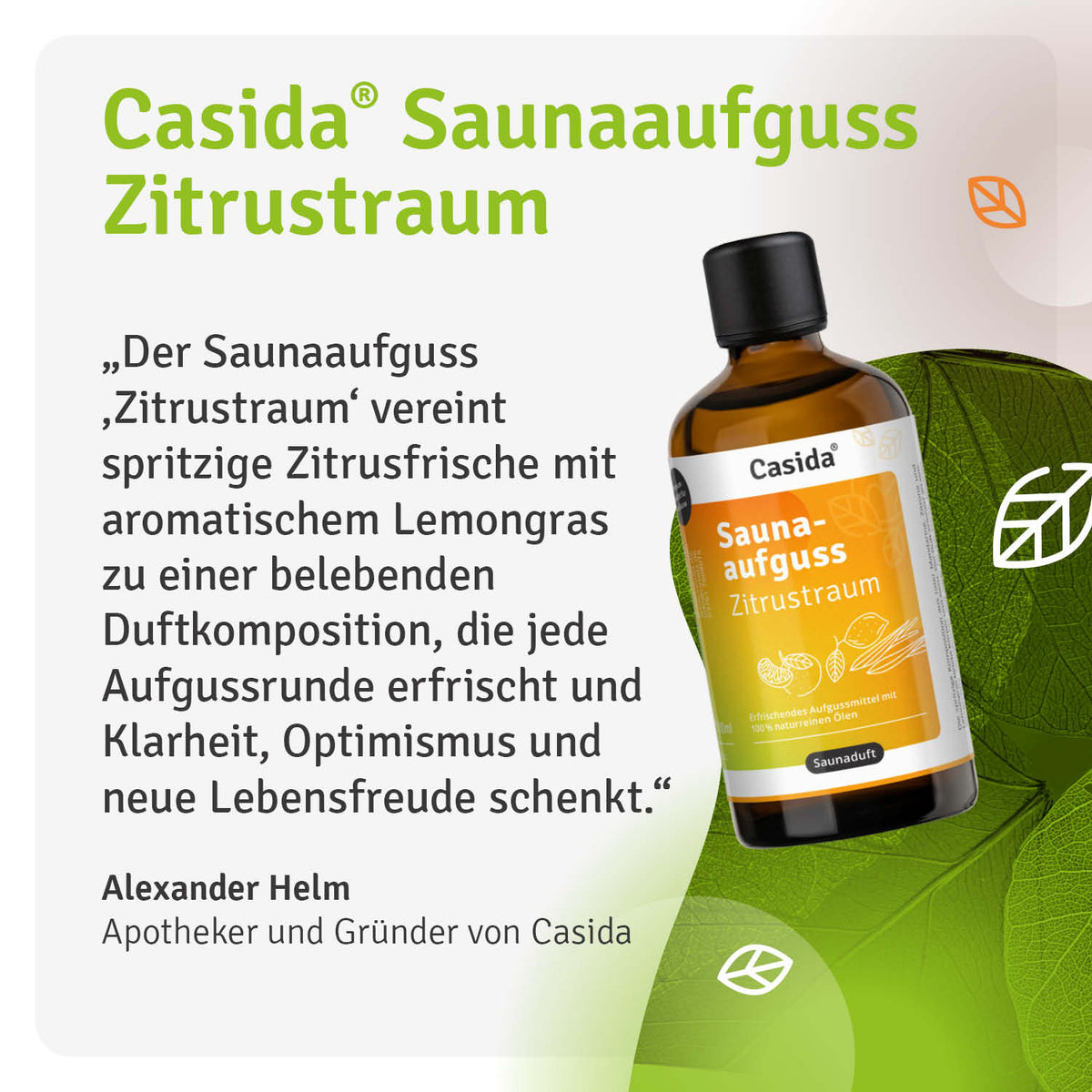 Saunaaufguss Zitrustraum oil bottle with a brown cap, green label, and text about lemon grass aroma on a white background.