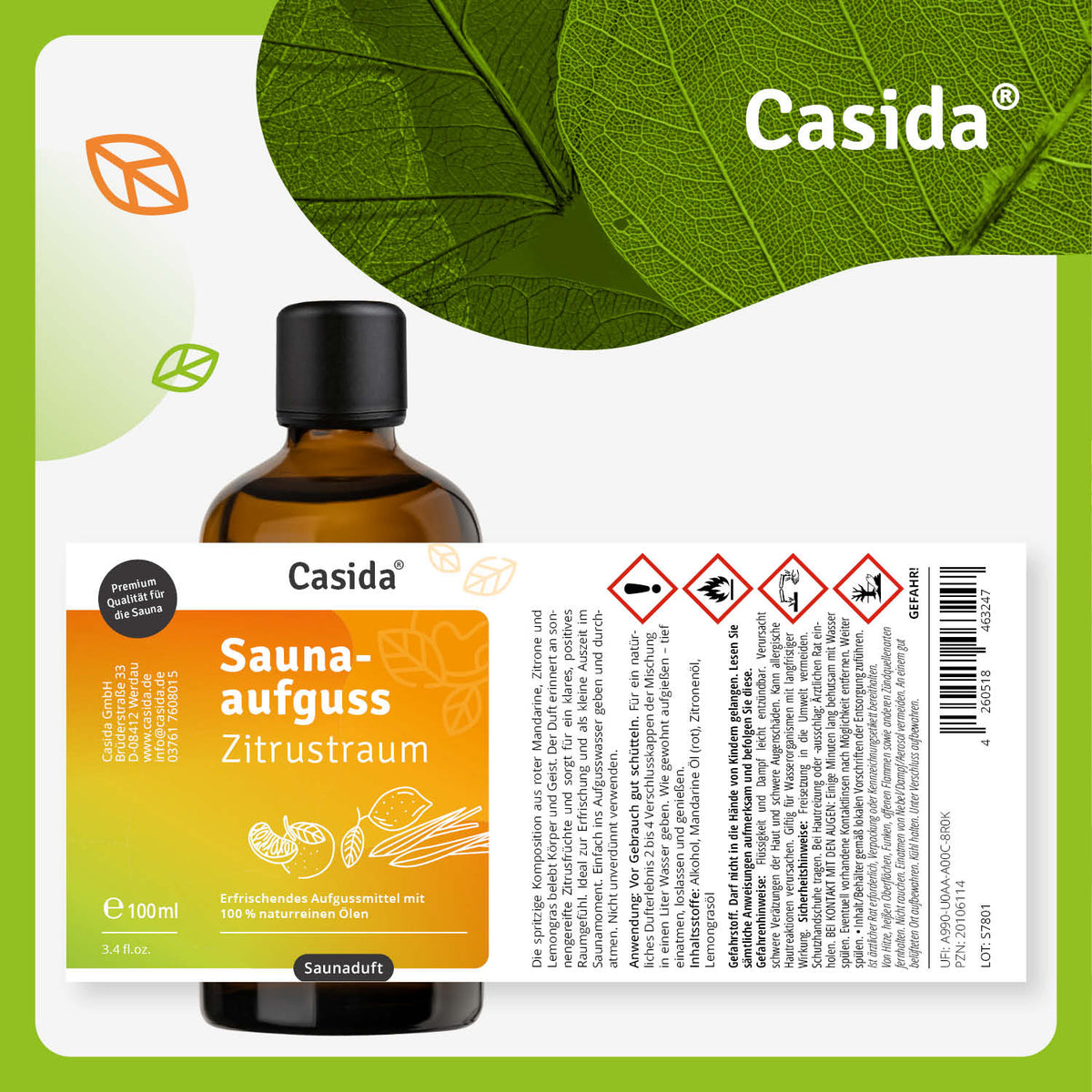 Saunaaufguss Zitrustraum 100ml brown glass bottle with white and orange label on a green background.