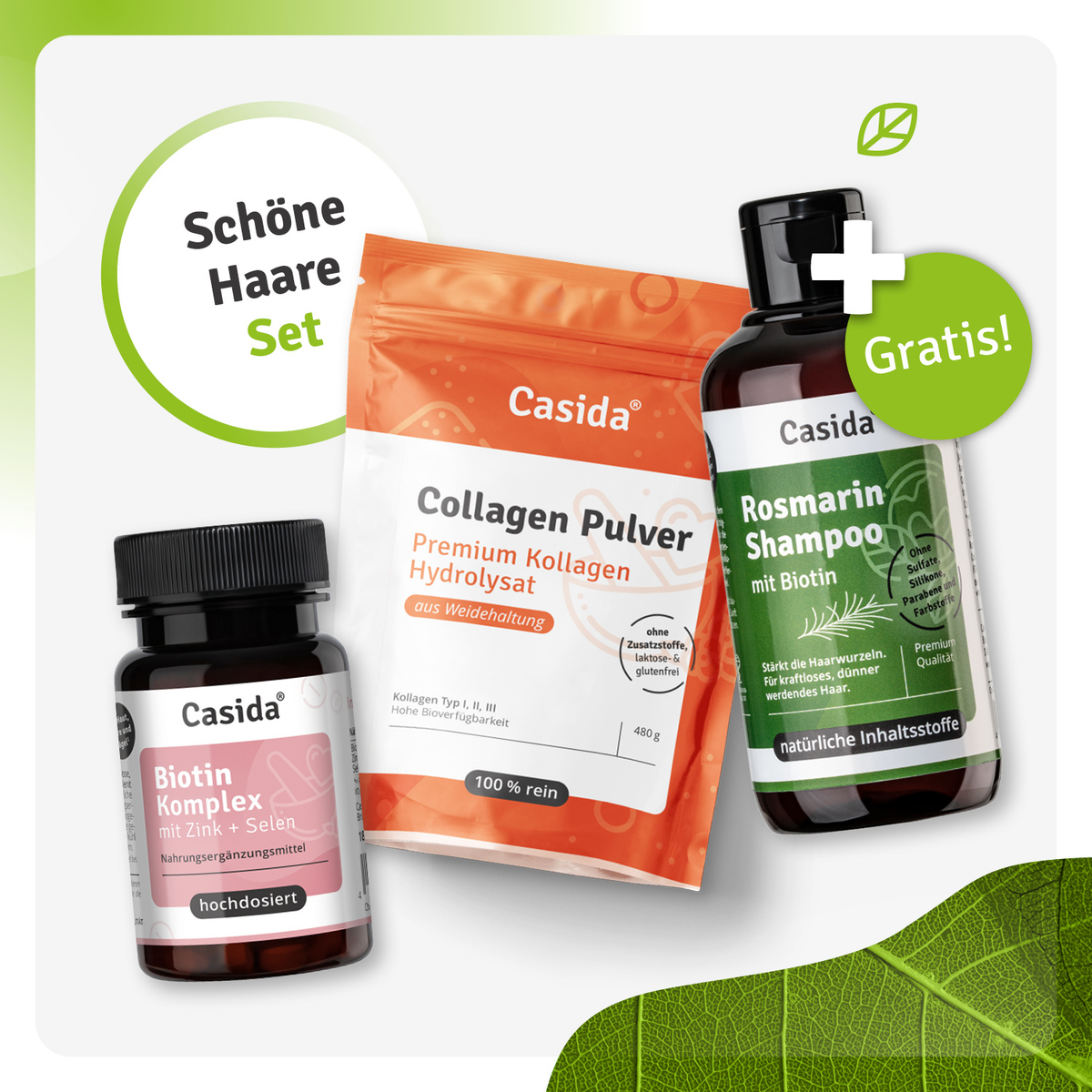 Casida Schöne Haare Set mit Biotin-Komplex, Collagen Pulver und Rosmarin-Shampoo