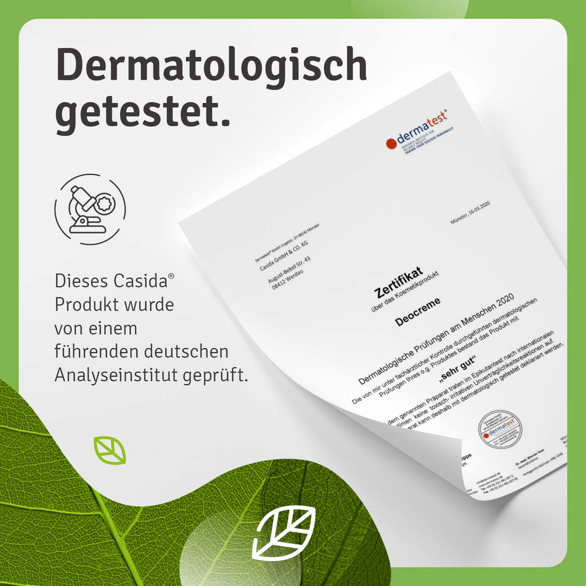 Dermatest-Zertifikat für Casida Deocreme mit dem Ergebnis „sehr gut“