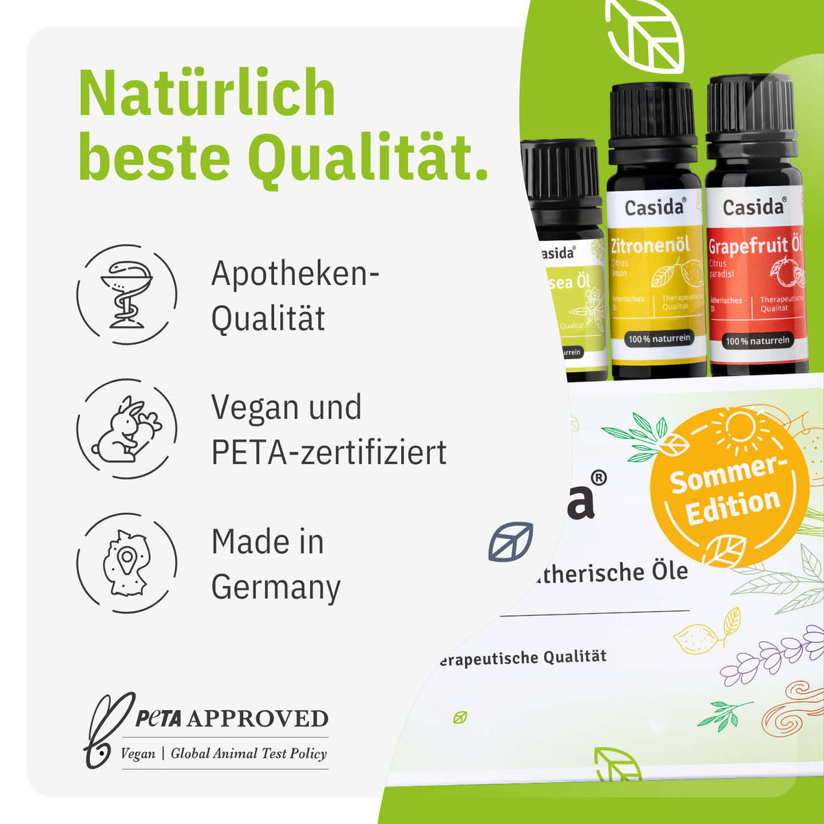 Casida Sommer-Edition: Infografik zu veganer Rezeptur, PETA-Zertifizierung und Herstellung in Deutschland