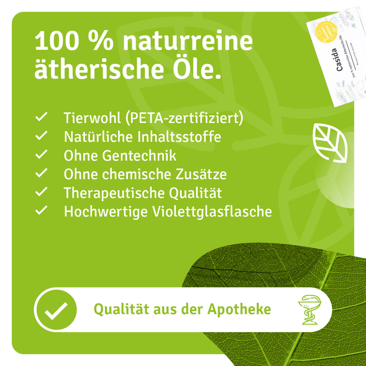 Casida Sommer-Edition: Angaben zu naturreinen Ölen, Inhaltsstoffen und Violettglasflaschen