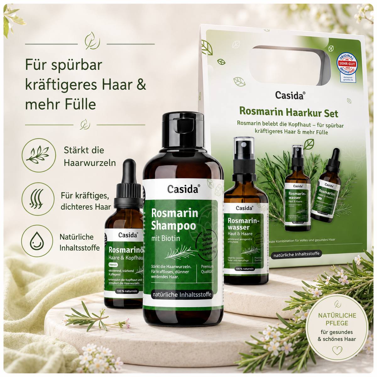 Casida Rosmarin Haarkur-Set mit Shampoo, Öl und Rosmarinwasser sowie Hinweisen zur Haarpflege