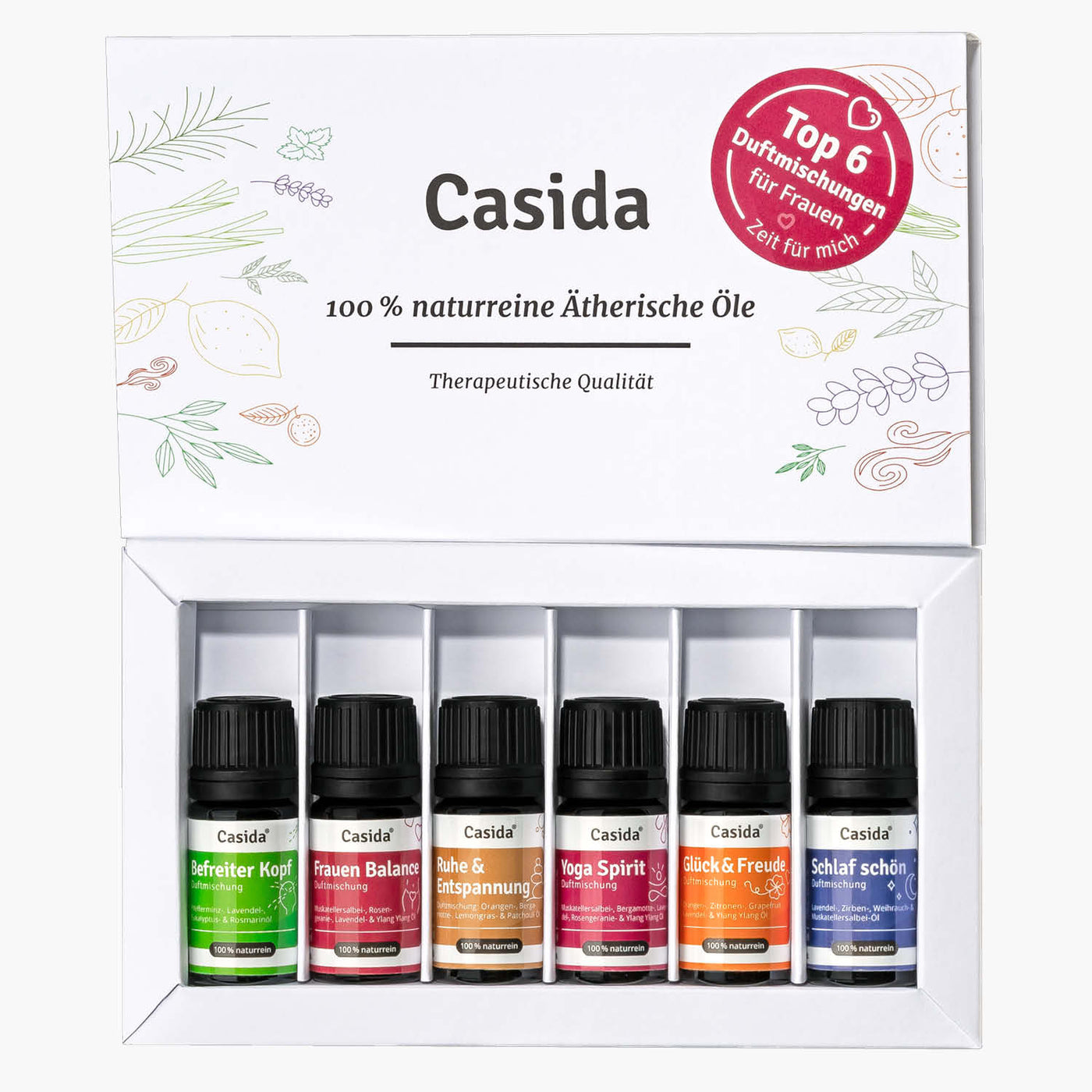 Geöffnete Packung Casida 100 % naturreine Ätherische Öle Therapeutische  Qualität Top 6 Duftmischungen für Frauen
Mischungen: Befreiter Kopf, Frauen Balance, Ruhe & Entspannung, Yoga Spirit, Glück & Freude, Schlaf schön