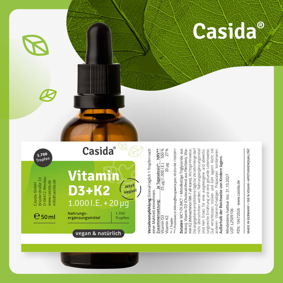Vitamin D3 + K2 drops in a brown glass bottle with a dropper, labeled with dosage information and vegan certification.