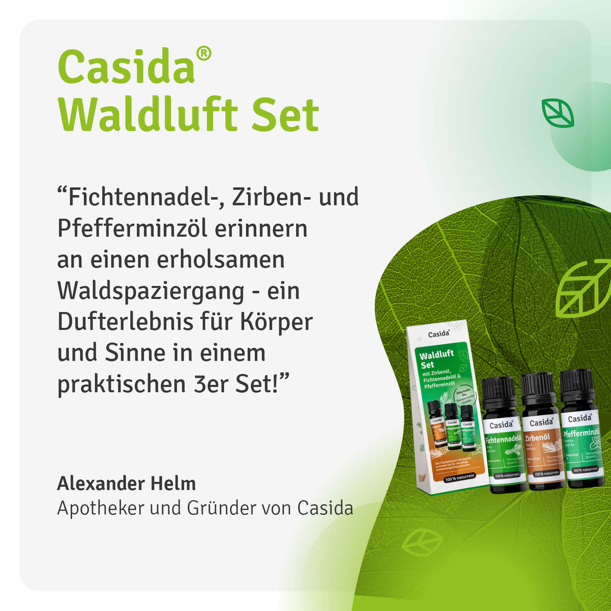 Waldluft Set - Ätherische Öle Set mit Fichtennadel-, Zirben-, & Pfefferminzöl Casida
