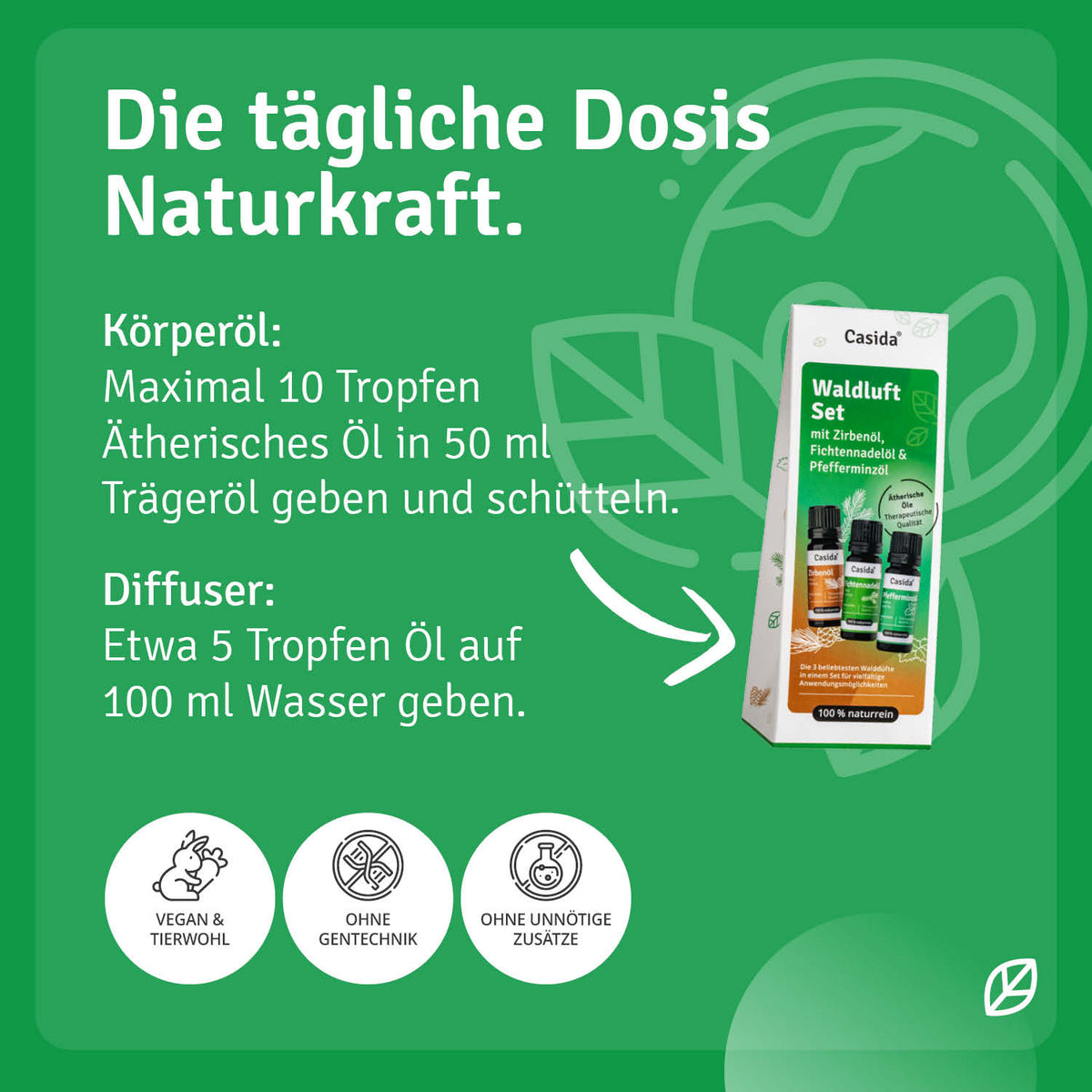 Waldluft set with essential oils: fir needle, pine, and peppermint in a green box with usage instructions.