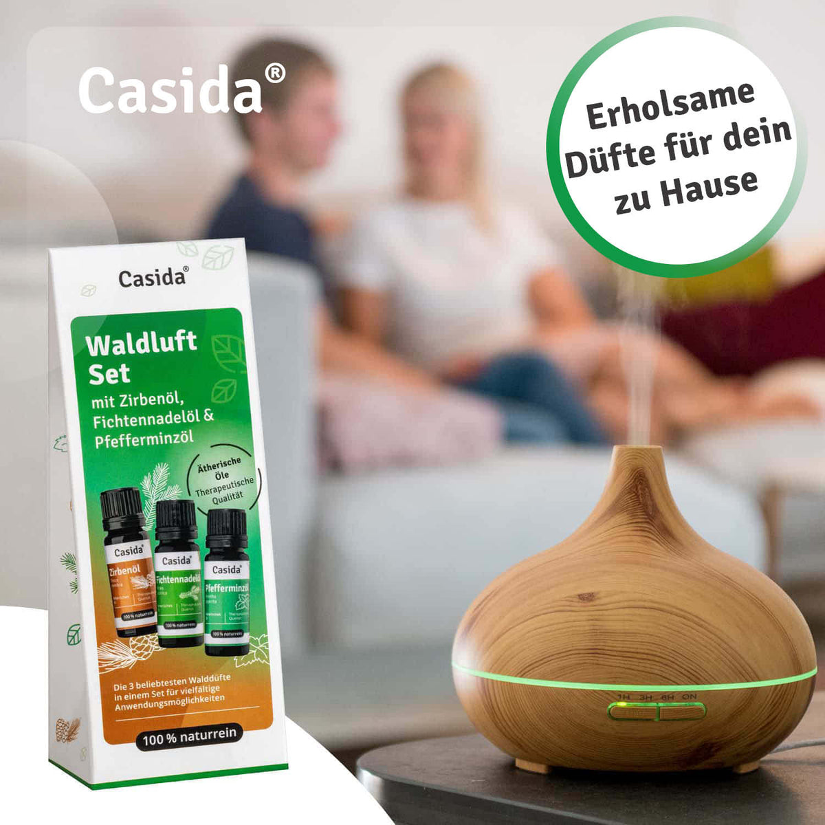 Waldluft set featuring essential oils: fir needle, pine, and peppermint in a wooden diffuser setting.