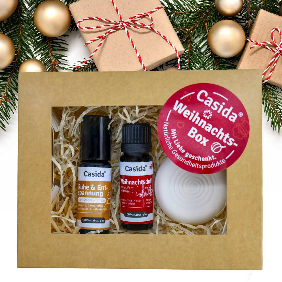 Weihnachtsbox Casida Weihnachtsduft Ruhe & Entspannung Anti-Stress Roll-On Duftstein Diffuser Keramik