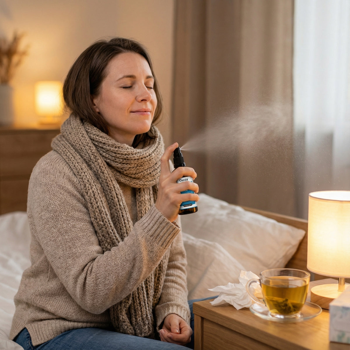 Atme durch Raumspray bottle held by a woman in a cozy sweater, with a cup of tea and tissue on the bedside table.