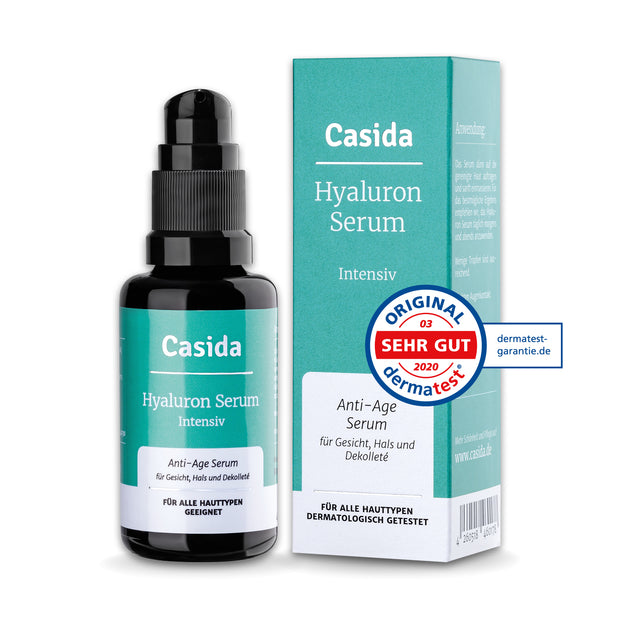 Casida Hyaluron Serum in a black pump bottle next to its white and green box, featuring a certification seal.