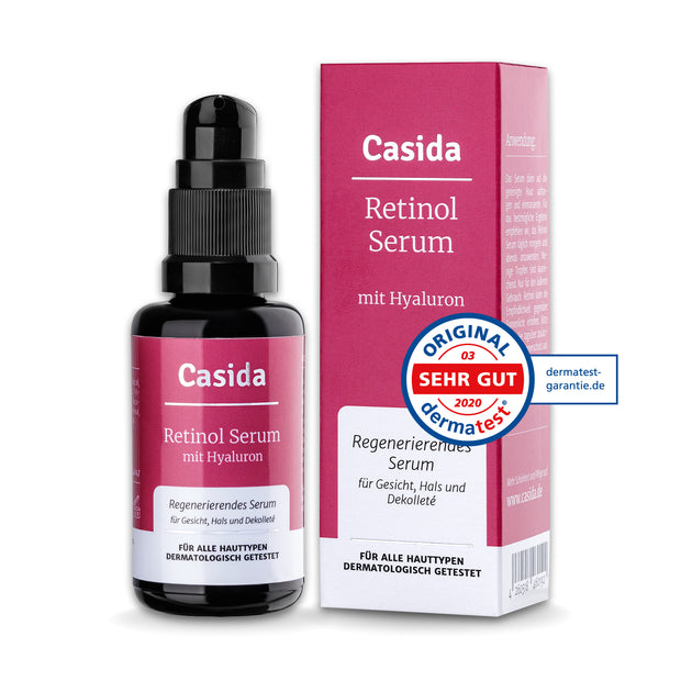 Casida retinol serum with hyaluron in a dark glass bottle, displayed with a branded box and a quality seal.