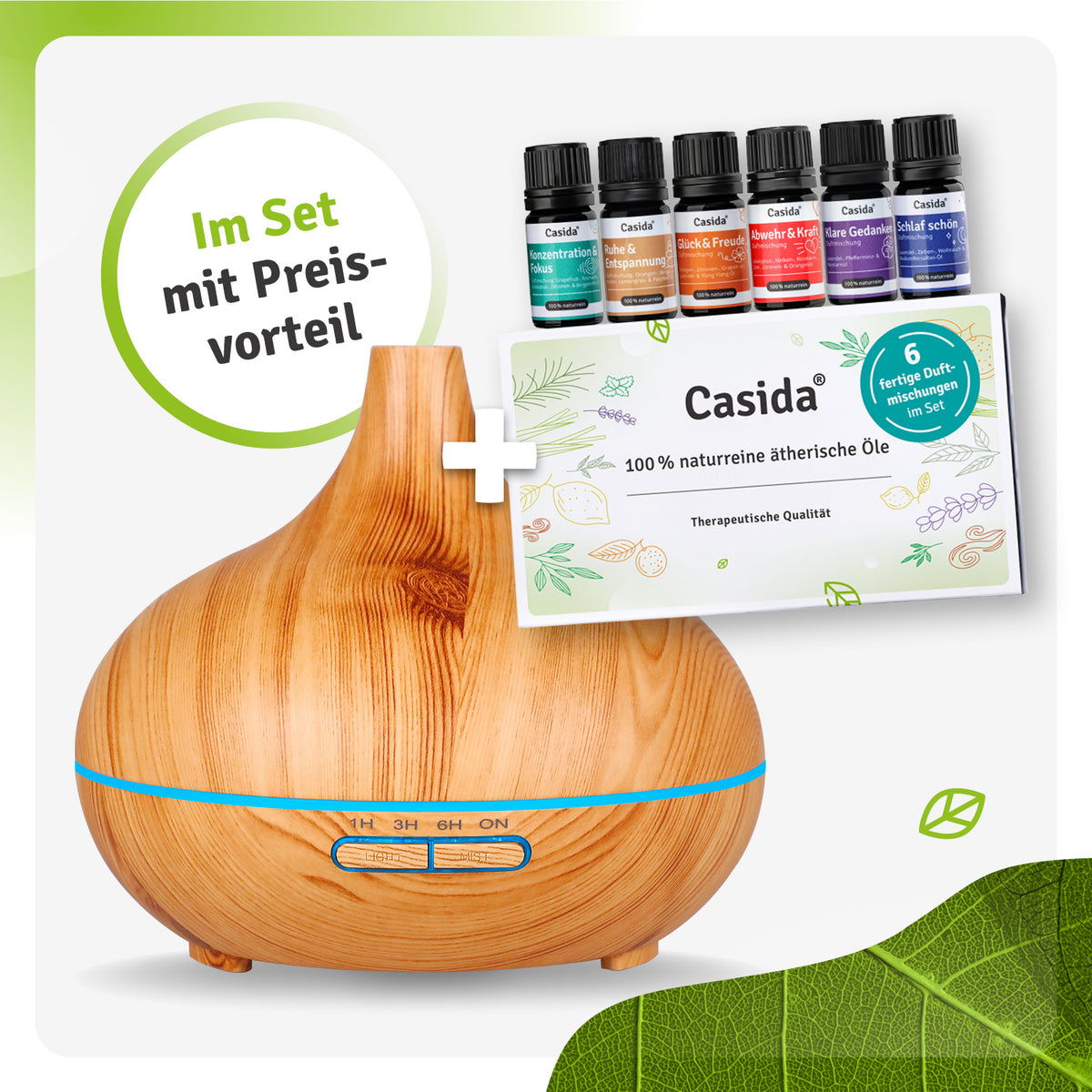 Aroma Diffuser in Holzoptik mit den Top 6 Duftmischungen als Set