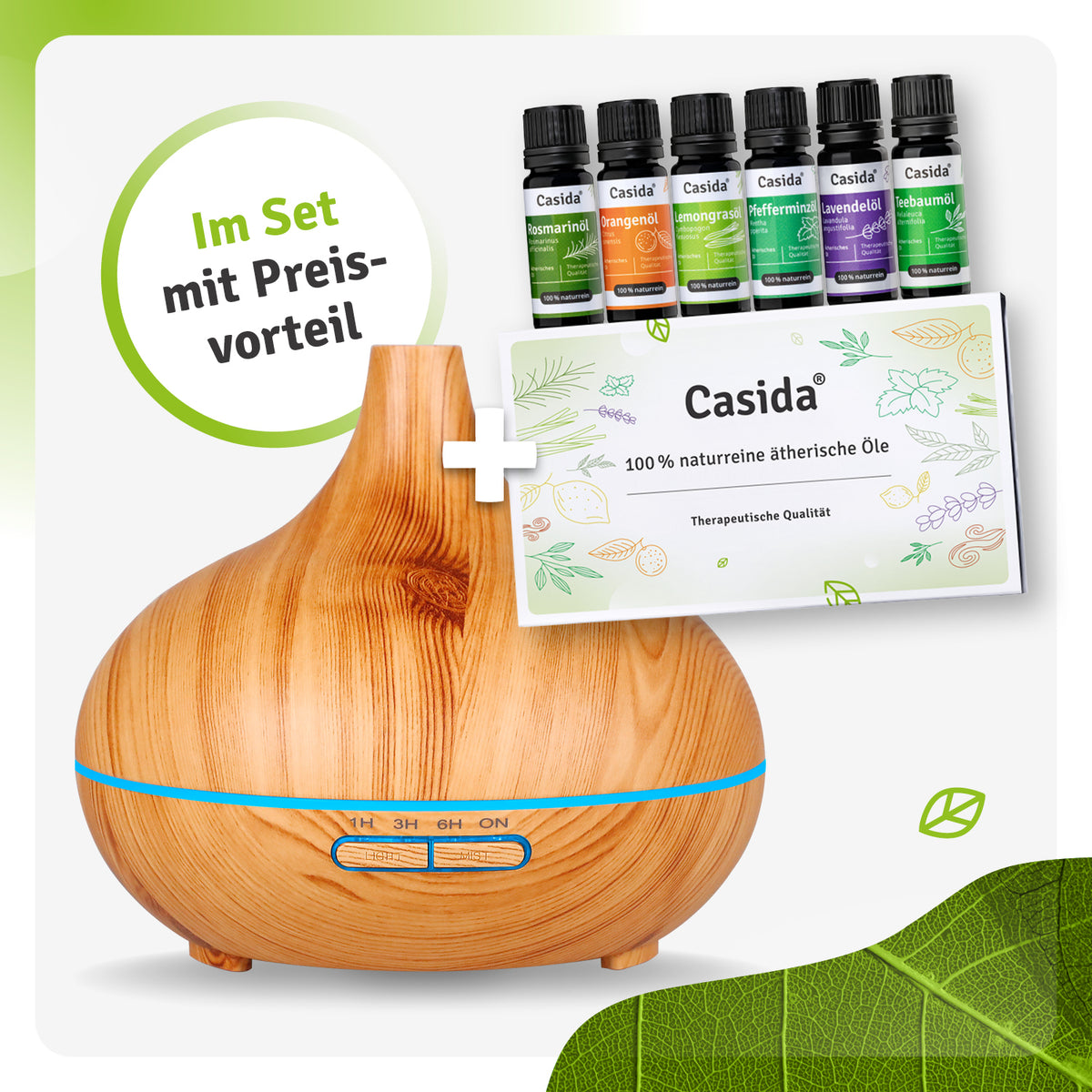 Aroma Diffuser in Holzoptik mit Top 6 Ätherische Öle Set