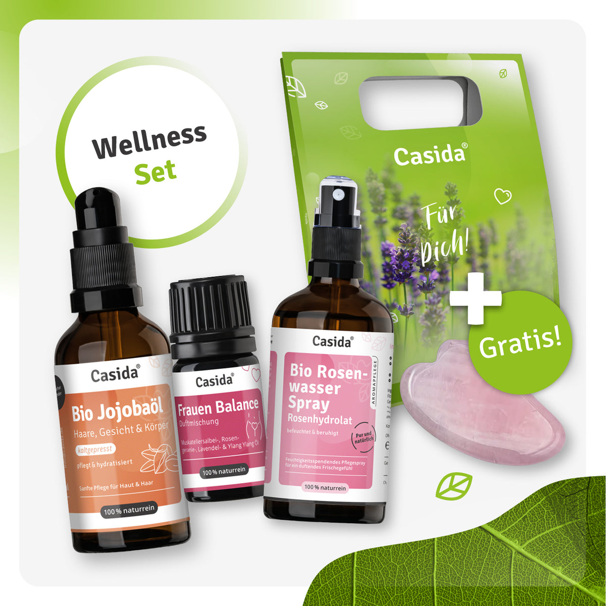 Casida wellness set featuring jojoba oil, rose water spray, and a balance blend in a green package with a free gift.