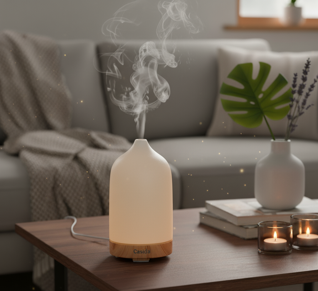 Keramik Aroma Diffuser in mattem Weiß mit Holzoptik, LED-Beleuchtung und Dampf, auf einem Tisch im Wohnzimmer.