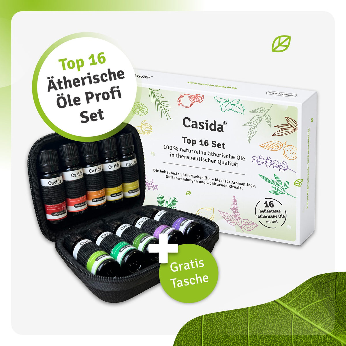 Top 16 ätherische Öle set in a black case, featuring various colored bottles and a white box with botanical illustrations.
