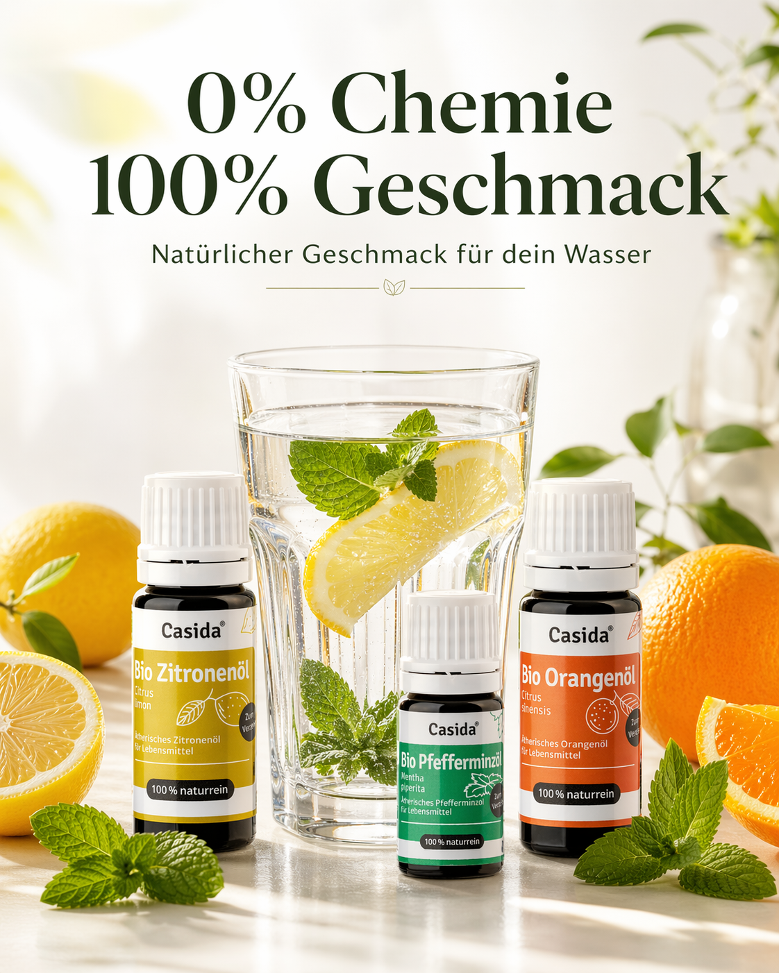 Casida Bio-Öle neben Zitronen-Minze-Wasser und der Werbeaufschrift 0 % Chemie, 100 % Geschmack.
