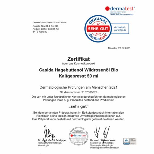Casida Dermatest Zertifikat Hagebuttenöl Wildrosenöl Bio
