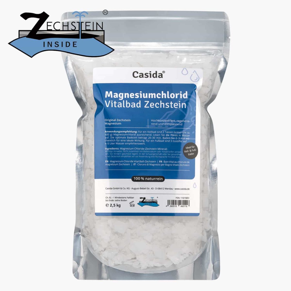 Casida Magnesiumchlorid Vitalbad Zechstein 2,5 kg PZN DE 12477032 PZN AT 4555829 UVP 26,95 € EAN 4260518460123