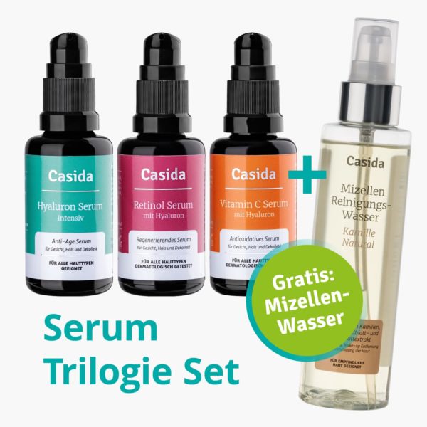 Serum Trilogie – Beauty Set mit Retinolserum Hyaluronserum Vitamin C Serum und Gratis Mizellenwasser Anti-Aging 2a