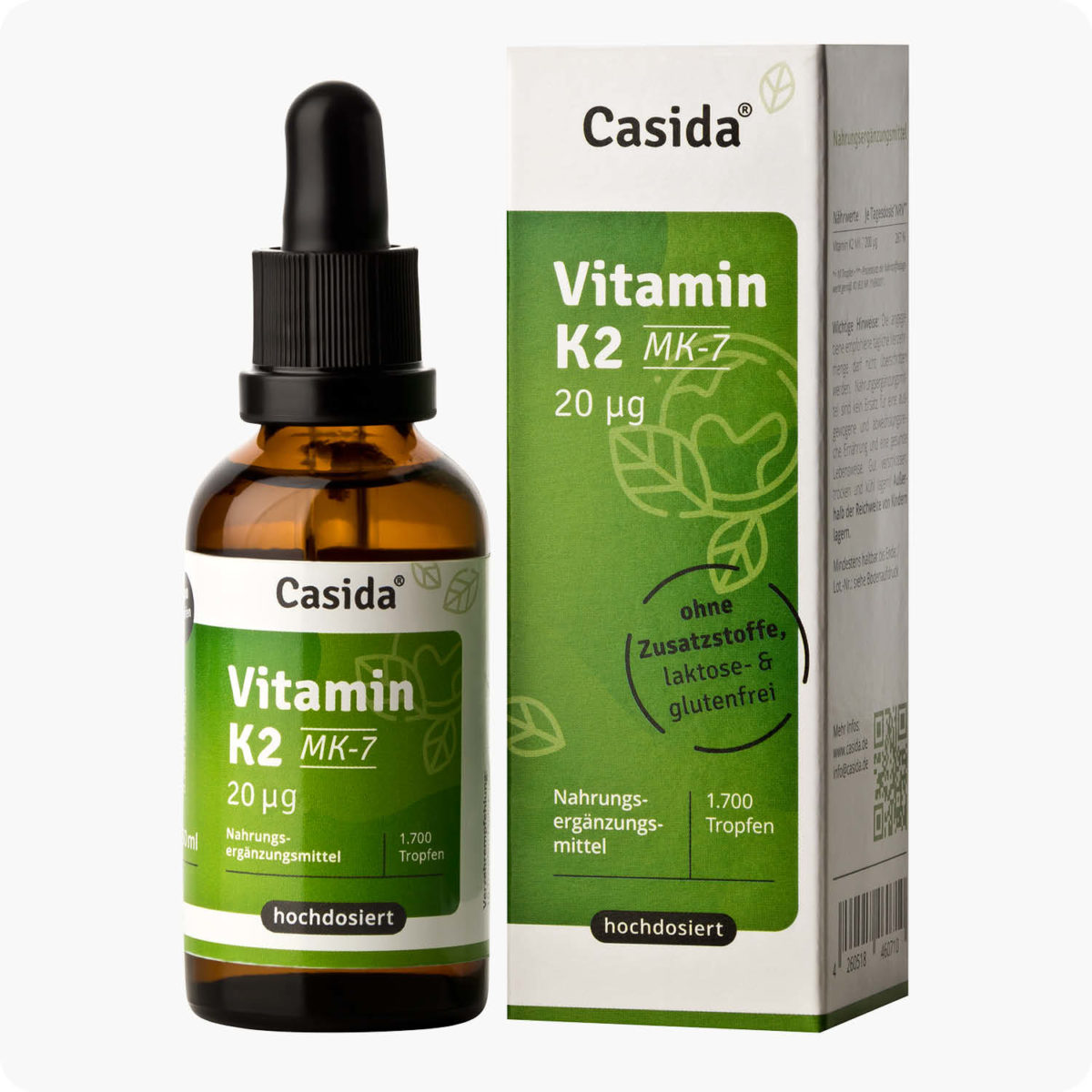 Casida Vitamin K2 Tropfen 20 µg MK7 vegan 50 ml PZN DE 16672049 PZN AT 5339045 UVP 22,95 € EAN 4260518460710
