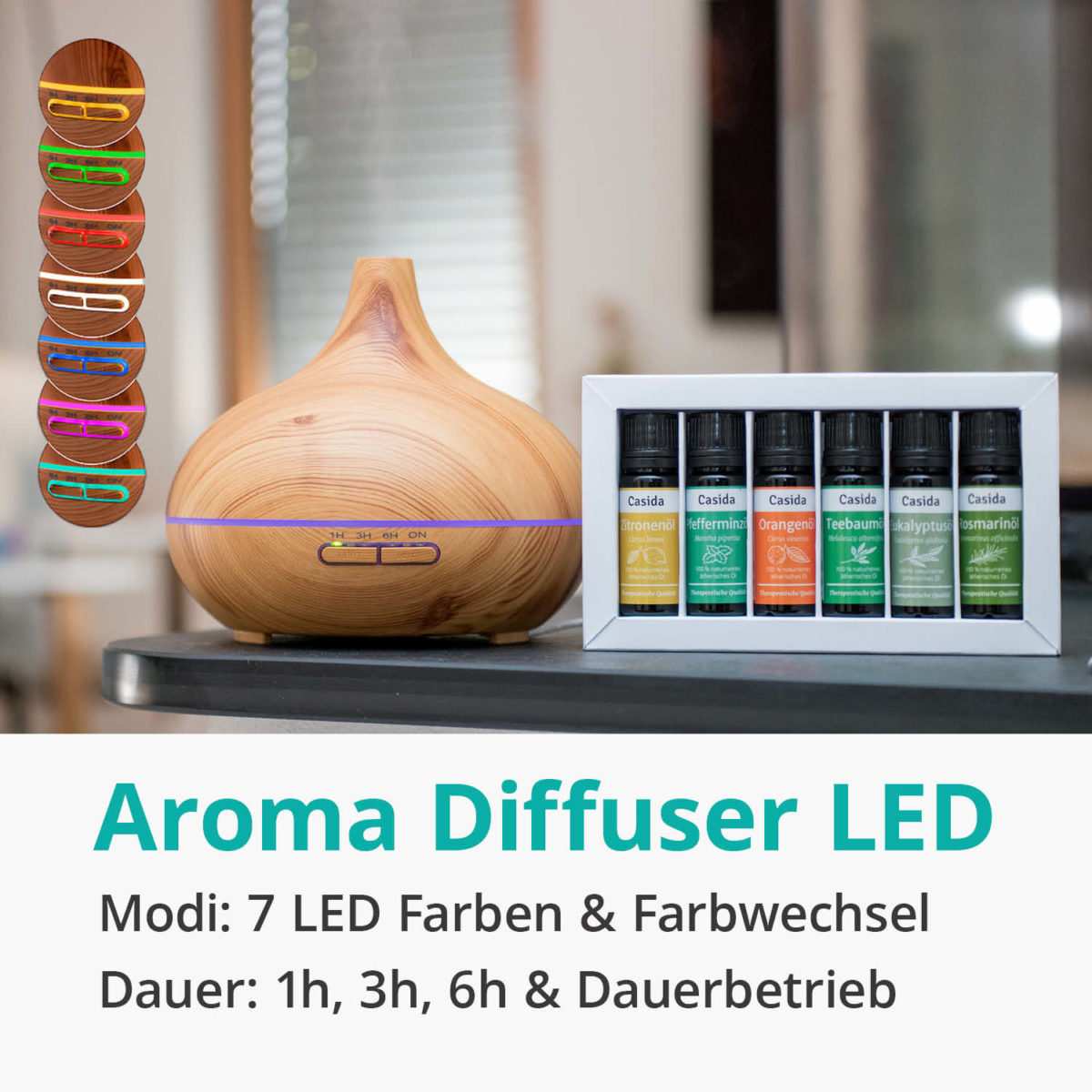 Casida Aroma Diffuser wood print design LED illumination 15880805 PZN Apotheke ätherische Öle Vernebler Aromatherapie