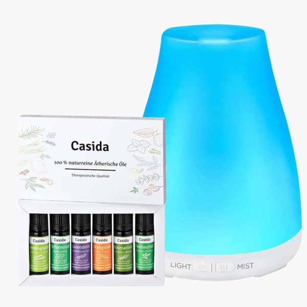 Casida Set Aroma Diffuser white with Top 6 essential oils set Lavender, Tea tree, peppermint, Orange, Rosmary, Lemongrass nebulizer LED