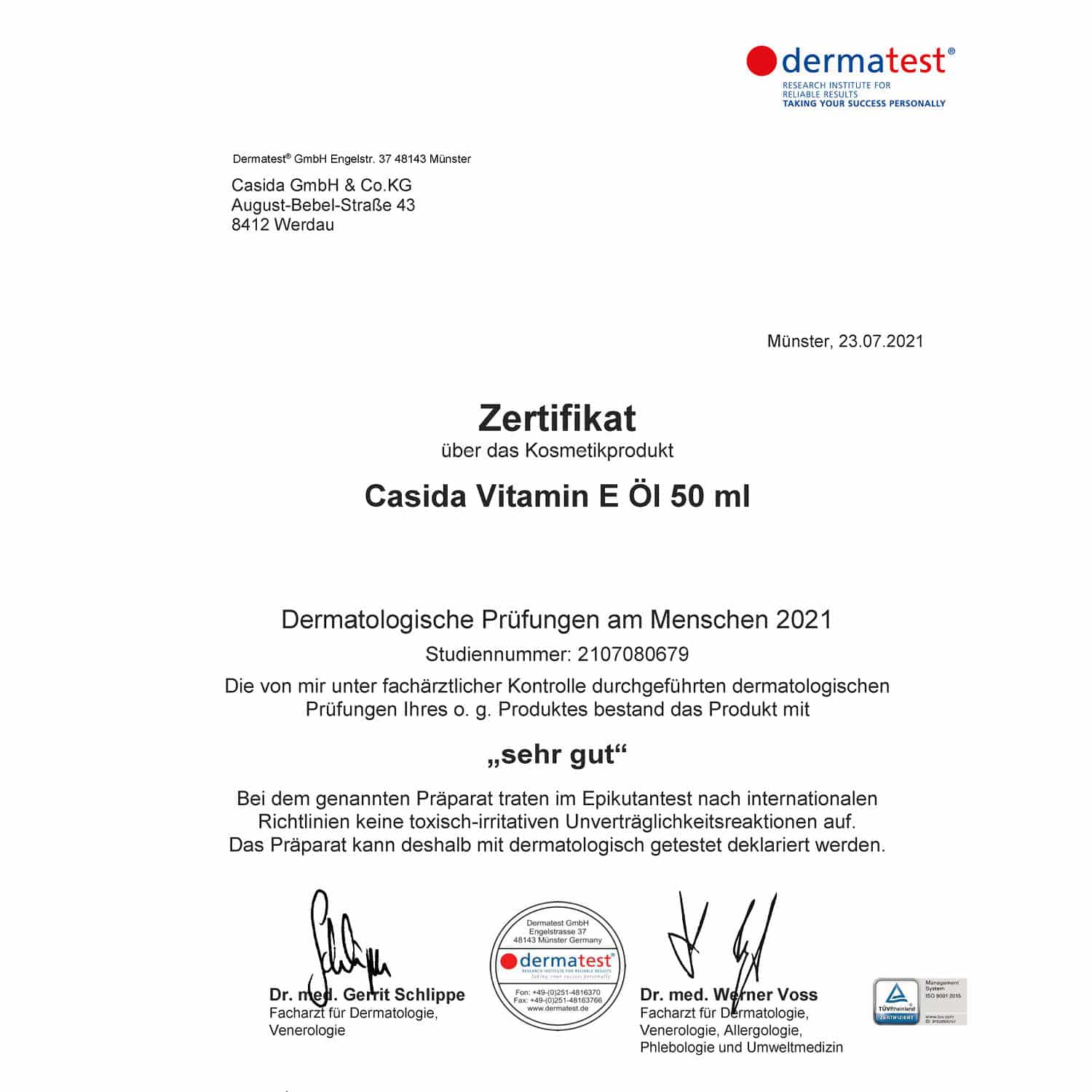 Casida Dermatest Zertifikat Vitamin E Öl Bio Tocopherol