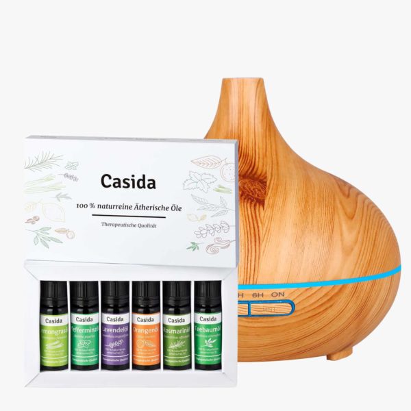 Casida Set Aroma Diffuser in wood print and TOP 6 essential oils16247292 15880805 PZN Apotheke ätherische Öle Aromatherapie