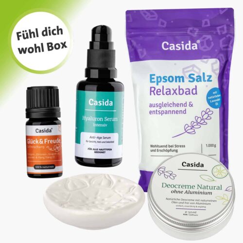Casida Fühl dich wohl Box Beauty Pflege Aromatherapie Deocreme Hyaluron Bittersalz Lavendel